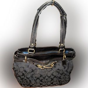 Pre Loved Coach Black Zip Top Signature C Jacquard Canvas Tote Bag